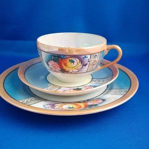 Vintage lusterware teacup,saucer and dish hand painted made in Japan.